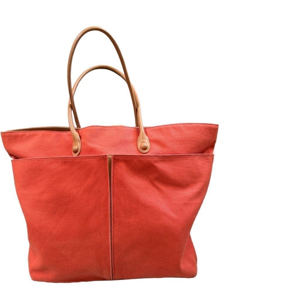 TUSK ITALIAN ORANGE BLUSH CANVAS TOTE HUGE W LARGE FRONT POCKETS, LEATHER STRAPS - Picture 3 of 11